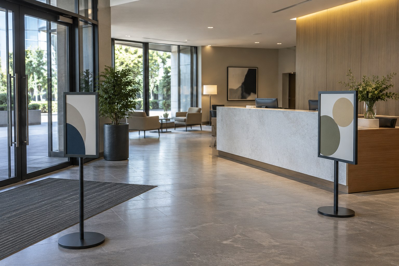 Generated illustrative scene: the entrance to a reception area with two information stands and a visible counter
